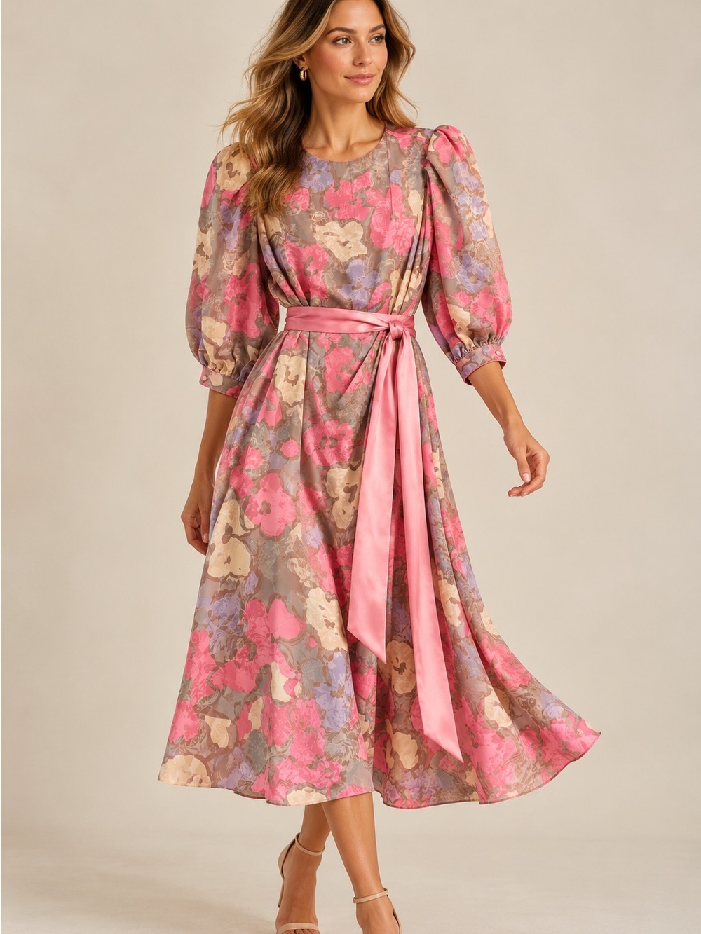 Flora Kung II Silk Floral Dress Womens 10 Pink Vintage Puff Sleeve Sash Dress